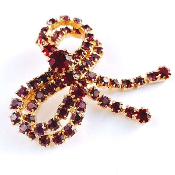 VTG 1960s Brooch Red Glass Rhinestone Bow Mid Century Gold Tone Pin Sparkly - Picture 5 of 11